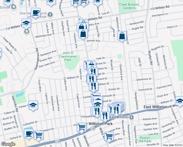 map of restaurants, bars, coffee shops, grocery stores, and more near 12 William Street in Williston Park