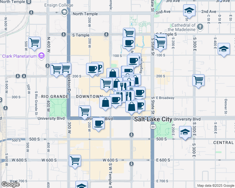 map of restaurants, bars, coffee shops, grocery stores, and more near 35 West Broadway in Salt Lake City