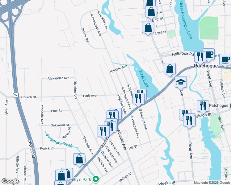 map of restaurants, bars, coffee shops, grocery stores, and more near 3 Park Avenue in Patchogue