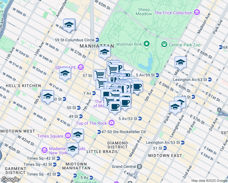 map of restaurants, bars, coffee shops, grocery stores, and more near 1361 6th Avenue in New York