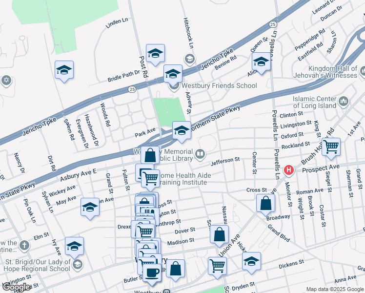 map of restaurants, bars, coffee shops, grocery stores, and more near 455 Rockland Street in Westbury