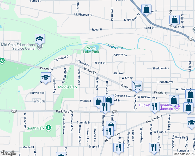 map of restaurants, bars, coffee shops, grocery stores, and more near 140 Helen Avenue in Mansfield