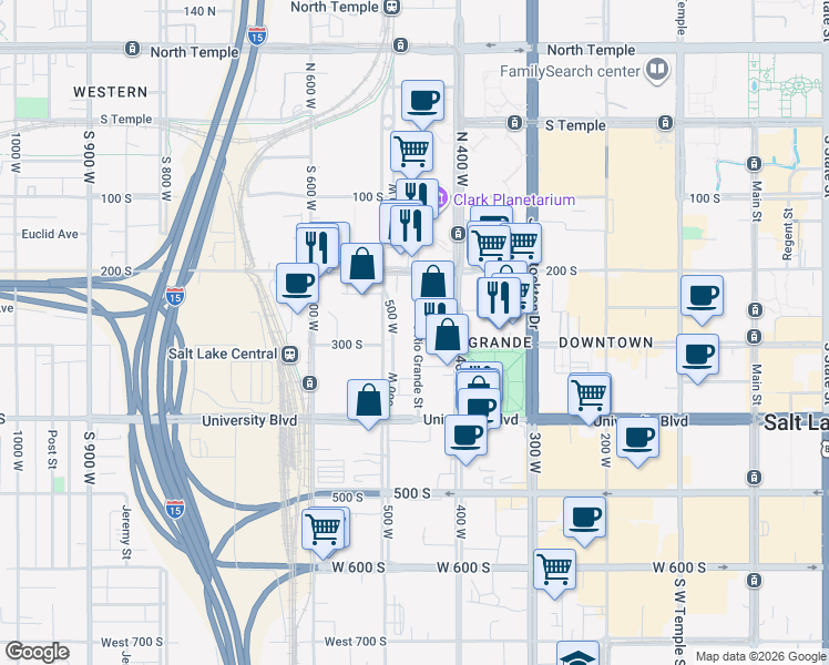 map of restaurants, bars, coffee shops, grocery stores, and more near 270 South Rio Grande Street in Salt Lake City