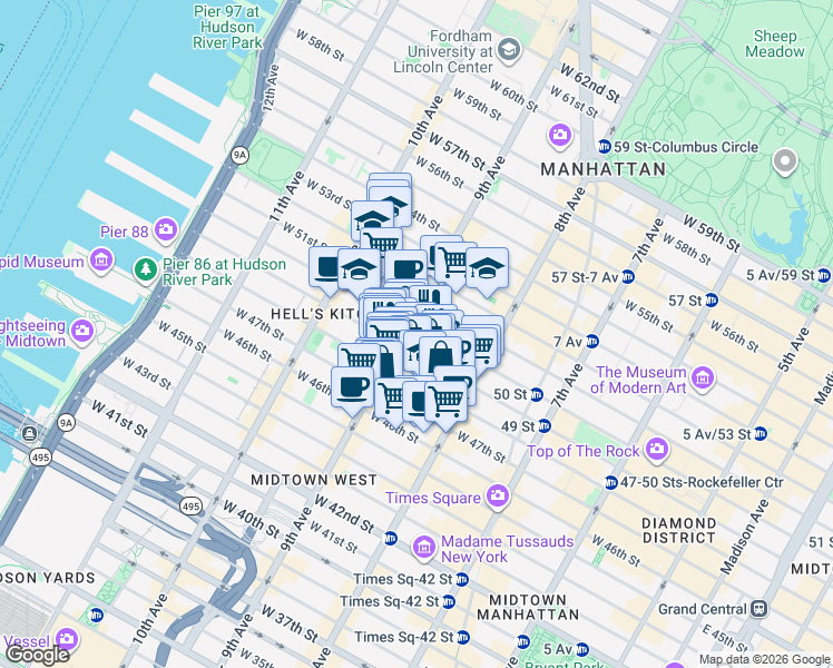 map of restaurants, bars, coffee shops, grocery stores, and more near 368 West 50th Street in New York