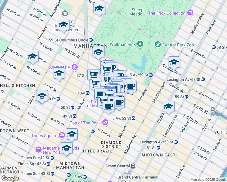 map of restaurants, bars, coffee shops, grocery stores, and more near 1361 6th Avenue in New York