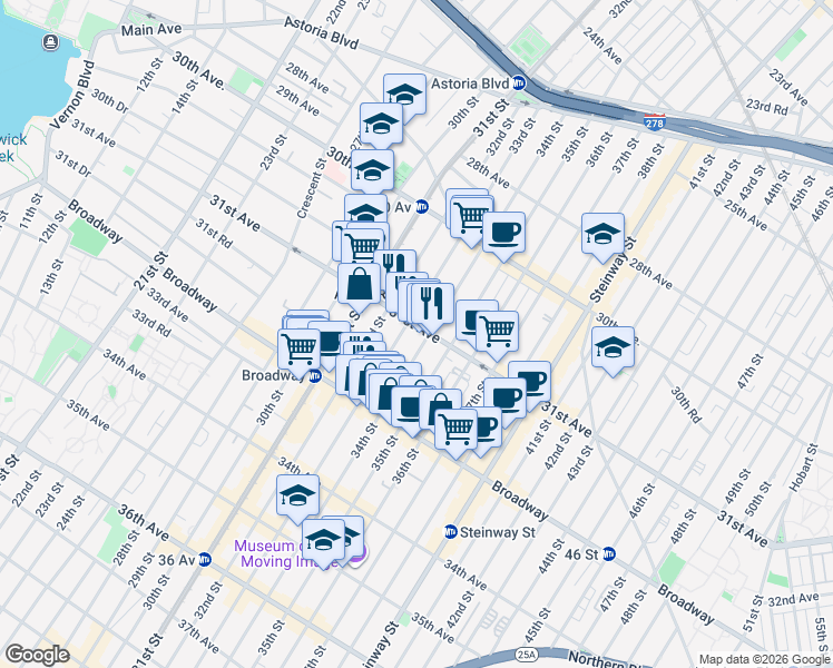map of restaurants, bars, coffee shops, grocery stores, and more near 31-23 34th Street in Queens