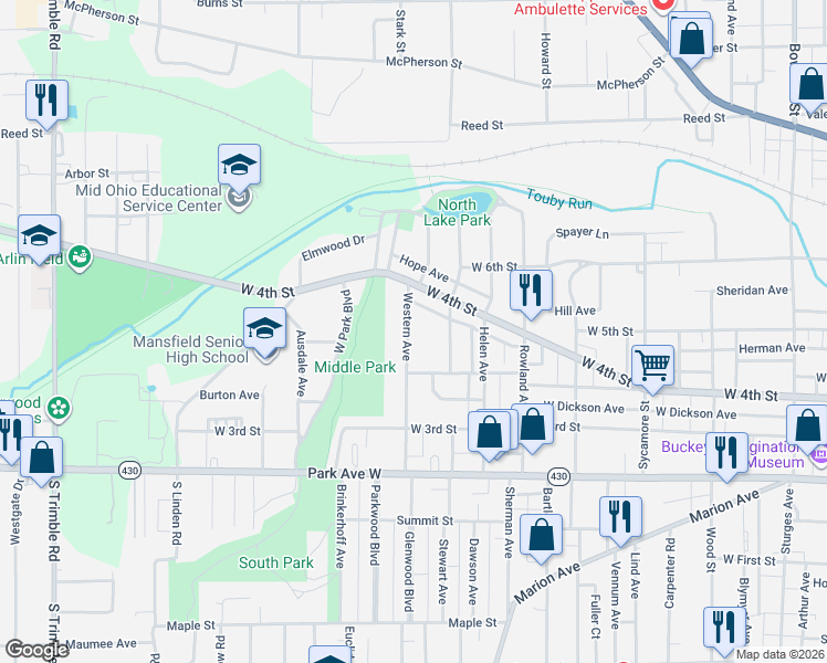 map of restaurants, bars, coffee shops, grocery stores, and more near 134 Western Avenue in Mansfield
