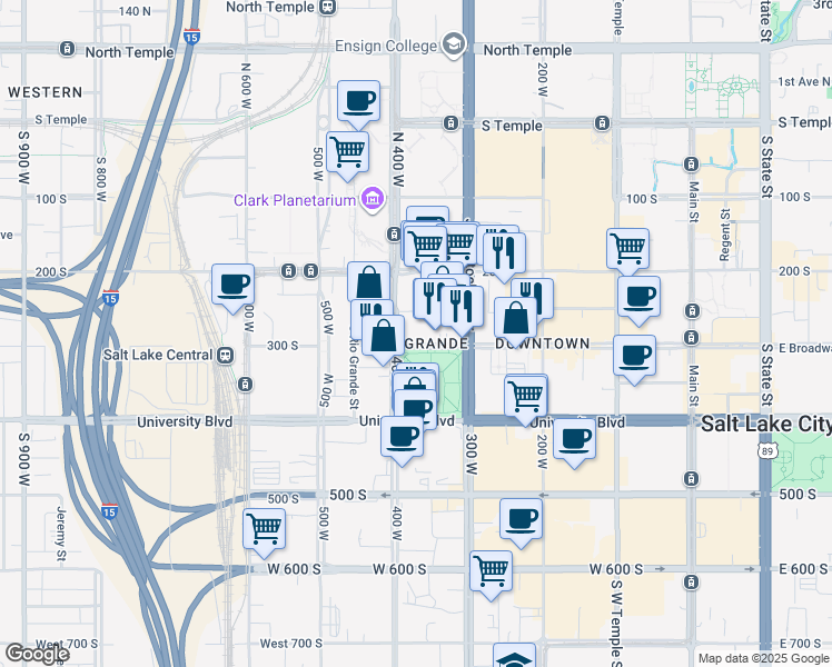 map of restaurants, bars, coffee shops, grocery stores, and more near 378 300 South in Salt Lake City