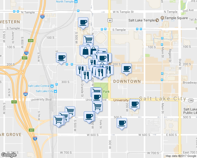map of restaurants, bars, coffee shops, grocery stores, and more near 300 West 300 South in Salt Lake City