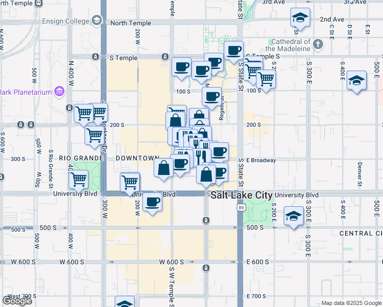 map of restaurants, bars, coffee shops, grocery stores, and more near 44 West Broadway in Salt Lake City
