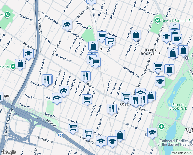 map of restaurants, bars, coffee shops, grocery stores, and more near 201 North 15th Street in East Orange