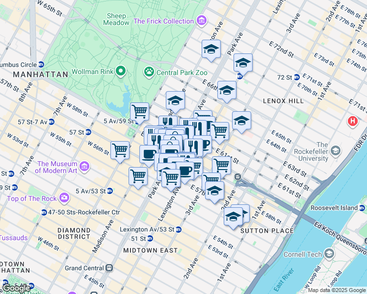 map of restaurants, bars, coffee shops, grocery stores, and more near in New York