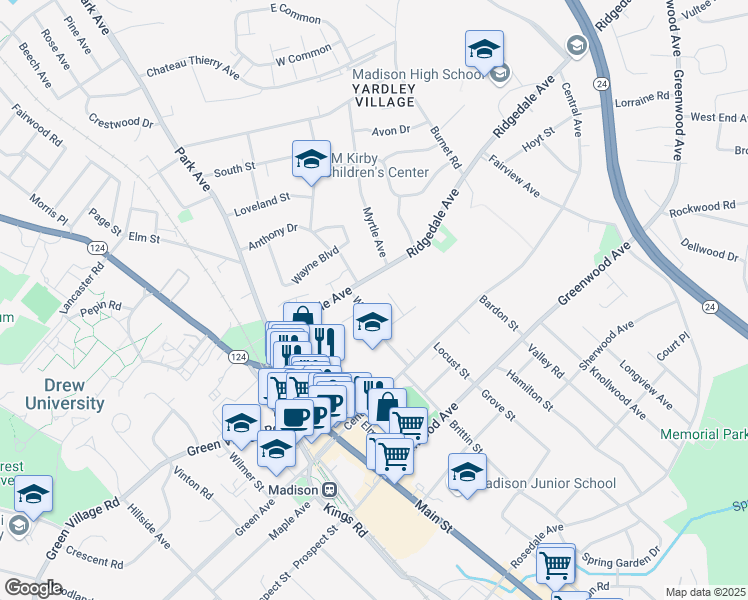 map of restaurants, bars, coffee shops, grocery stores, and more near 27 Walnut Street in Madison