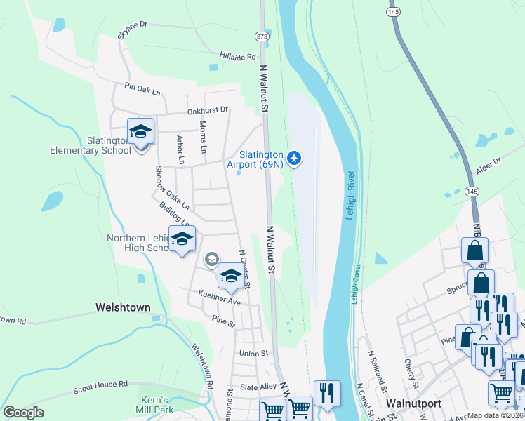map of restaurants, bars, coffee shops, grocery stores, and more near 8016 Pennsylvania 873 in Slatington