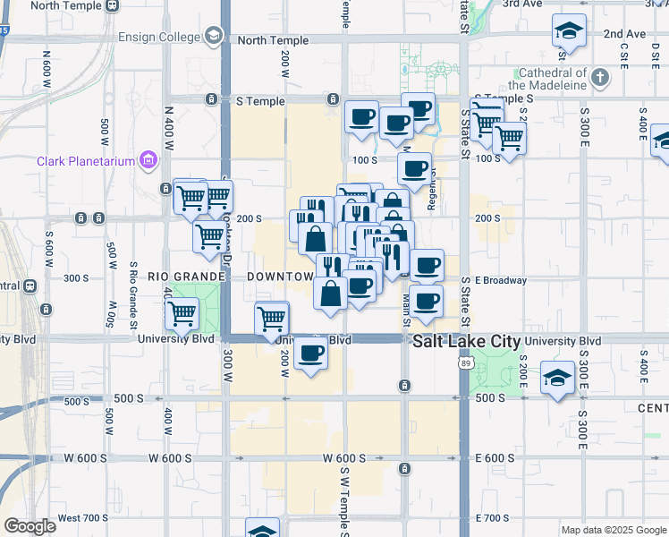map of restaurants, bars, coffee shops, grocery stores, and more near 326 South West Temple Street in Salt Lake City
