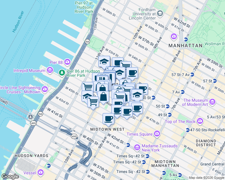 map of restaurants, bars, coffee shops, grocery stores, and more near 447 West 47th Street in New York
