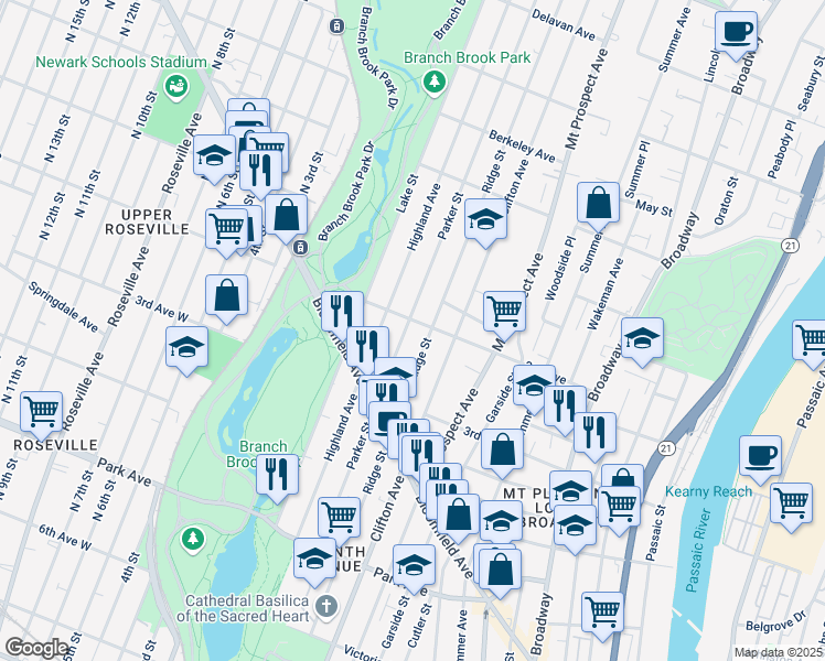 map of restaurants, bars, coffee shops, grocery stores, and more near 299 Parker Street in Newark