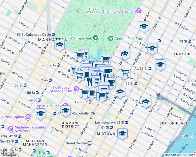 map of restaurants, bars, coffee shops, grocery stores, and more near 742 5th Avenue in New York