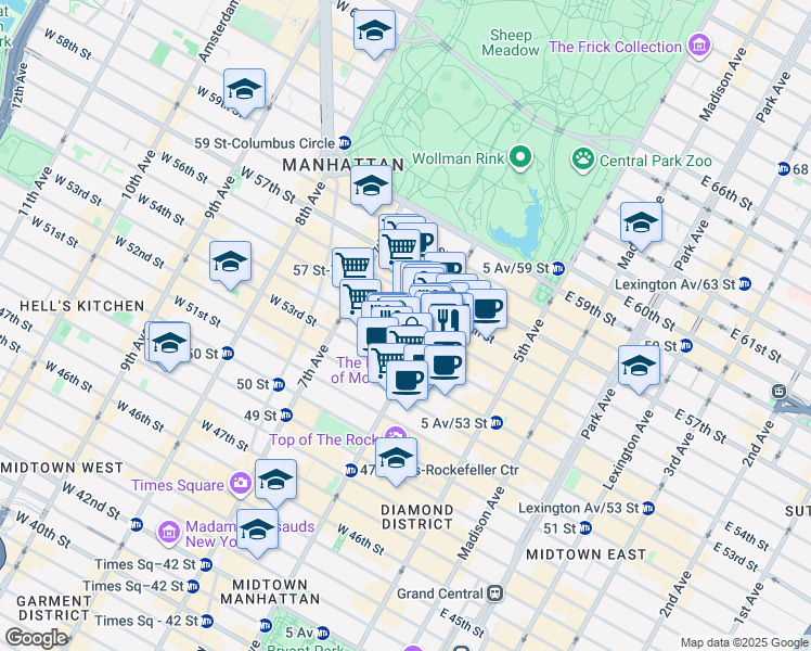 map of restaurants, bars, coffee shops, grocery stores, and more near 1345 6th Avenue in New York