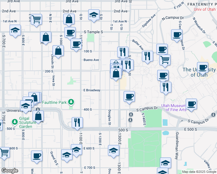 map of restaurants, bars, coffee shops, grocery stores, and more near 305 Douglas Street in Salt Lake City