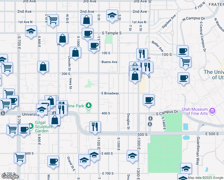 map of restaurants, bars, coffee shops, grocery stores, and more near 1144 East 300 South in Salt Lake City