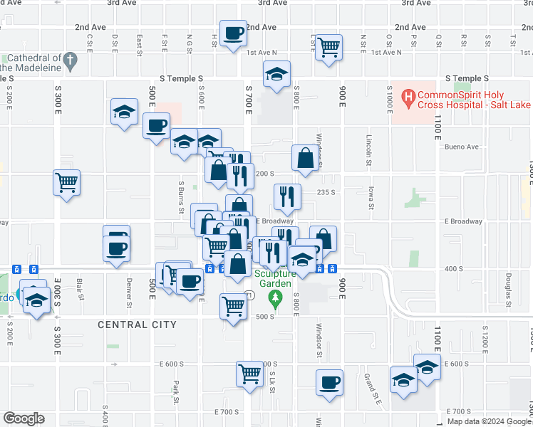 map of restaurants, bars, coffee shops, grocery stores, and more near 726 East 300 South in Salt Lake City