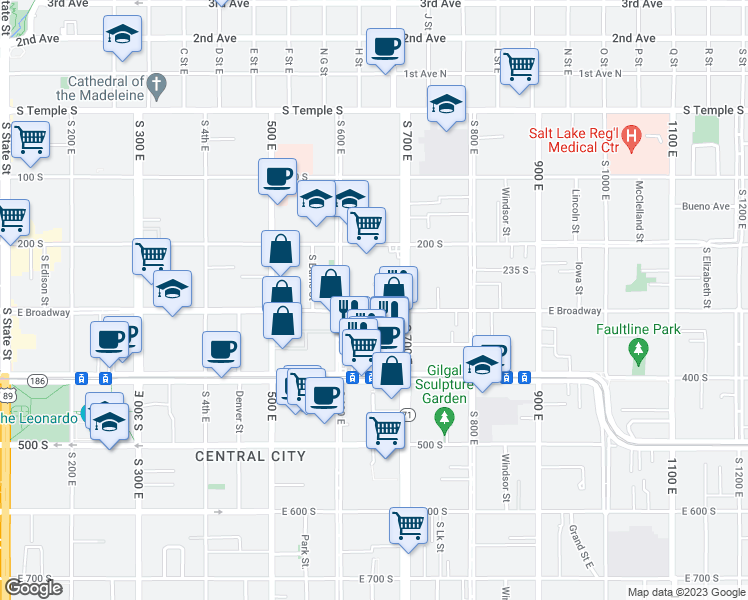map of restaurants, bars, coffee shops, grocery stores, and more near 624 East Broadway in Salt Lake City