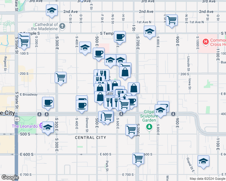 map of restaurants, bars, coffee shops, grocery stores, and more near 564 East 300 South in Salt Lake City