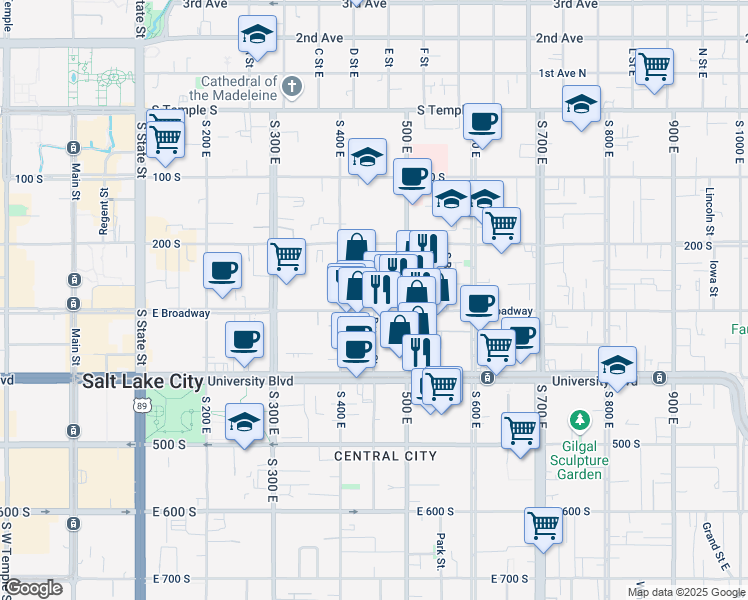 map of restaurants, bars, coffee shops, grocery stores, and more near 460 East 300 South in Salt Lake City