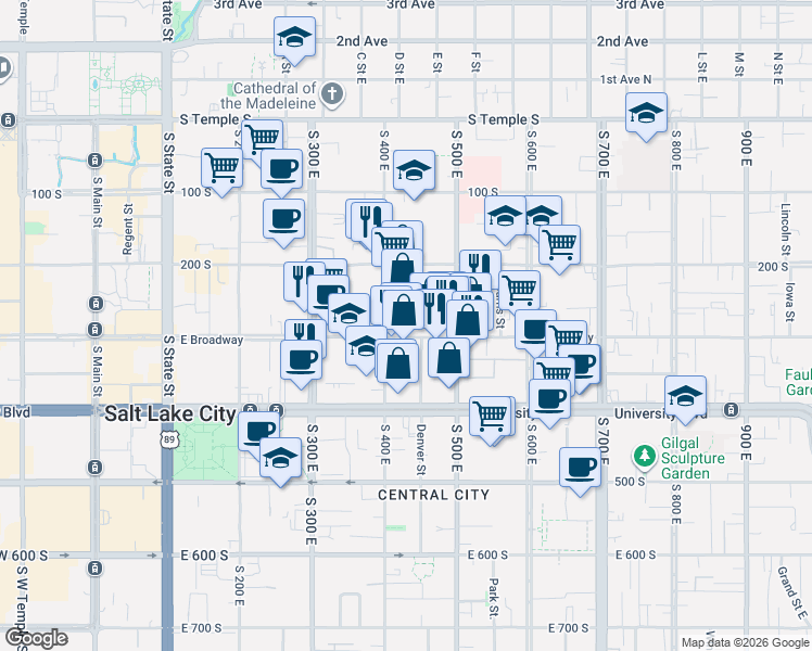 map of restaurants, bars, coffee shops, grocery stores, and more near 408 East 300 South in Salt Lake City