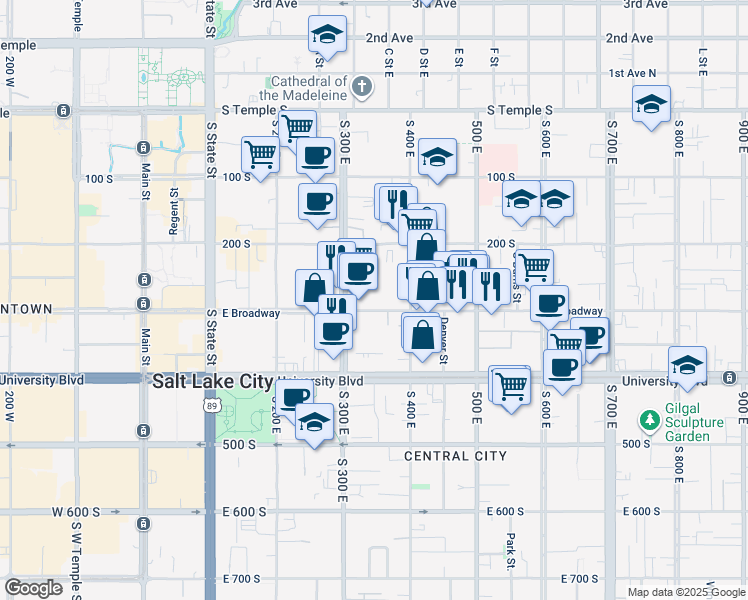 map of restaurants, bars, coffee shops, grocery stores, and more near 360 East Broadway in Salt Lake City
