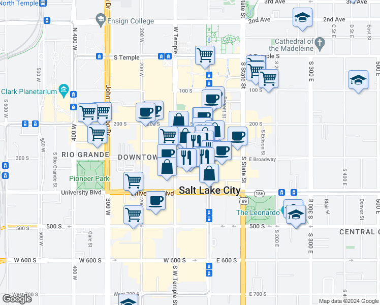 map of restaurants, bars, coffee shops, grocery stores, and more near 35 West Broadway in Salt Lake City