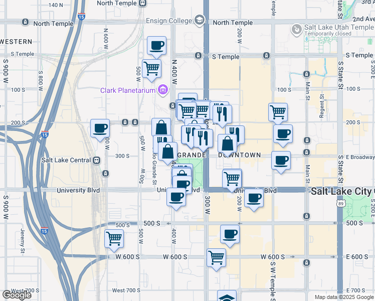 map of restaurants, bars, coffee shops, grocery stores, and more near 300 West 300 South in Salt Lake City