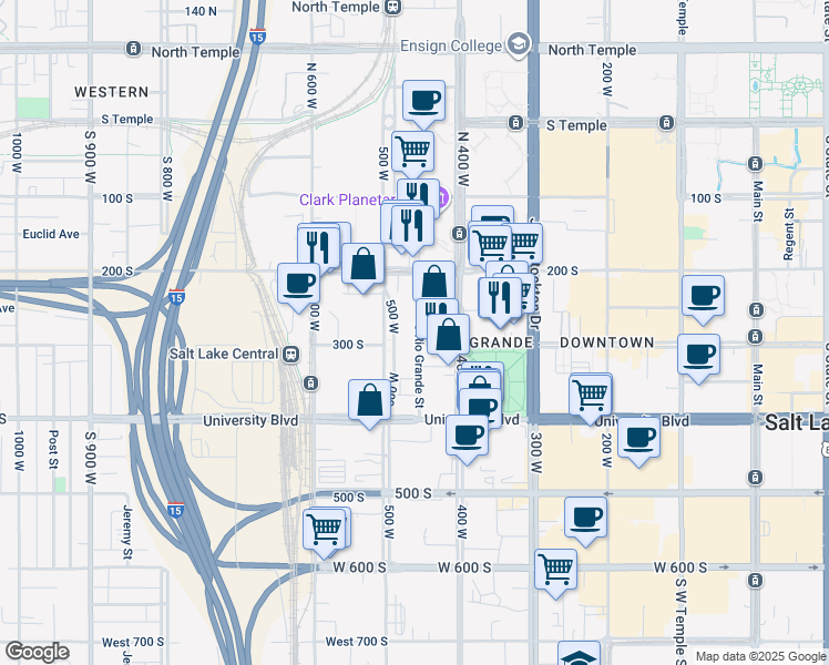 map of restaurants, bars, coffee shops, grocery stores, and more near 270 South Rio Grande Street in Salt Lake City