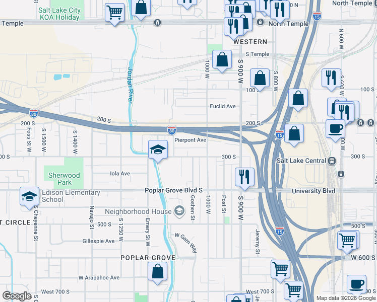 map of restaurants, bars, coffee shops, grocery stores, and more near 1027 West 300 South in Salt Lake City