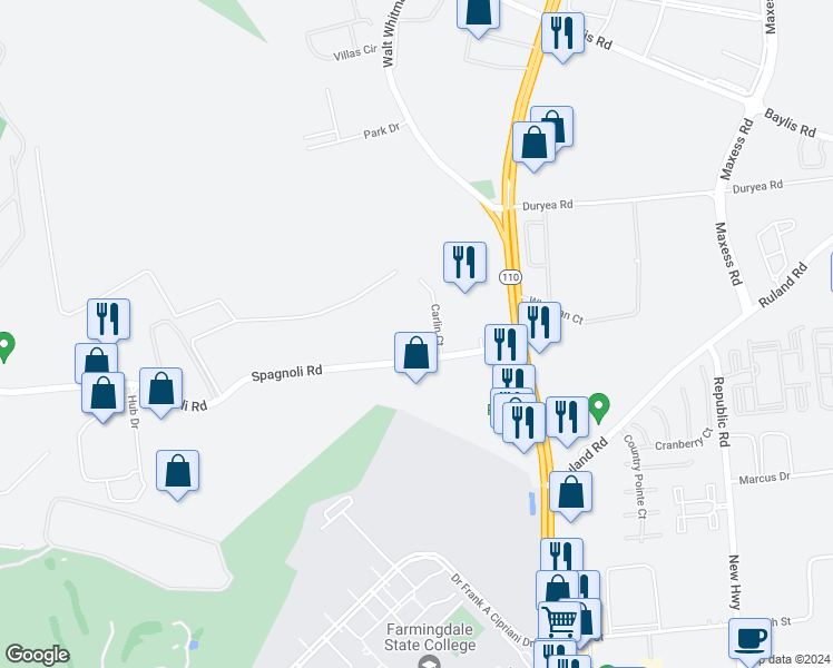 map of restaurants, bars, coffee shops, grocery stores, and more near 598 Broadhollow Road in Melville