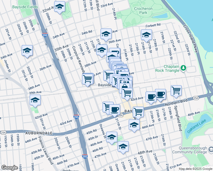 map of restaurants, bars, coffee shops, grocery stores, and more near 211-9 42nd Avenue in Queens