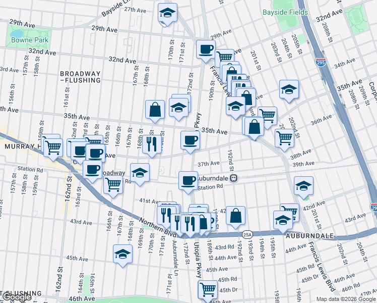 map of restaurants, bars, coffee shops, grocery stores, and more near 36-17 172nd Street in Queens