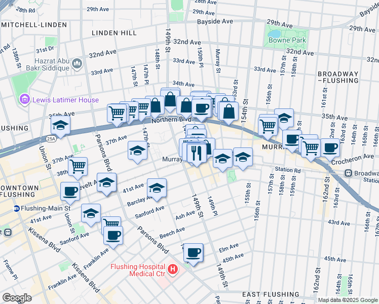 map of restaurants, bars, coffee shops, grocery stores, and more near 149-40 41st Avenue in Queens