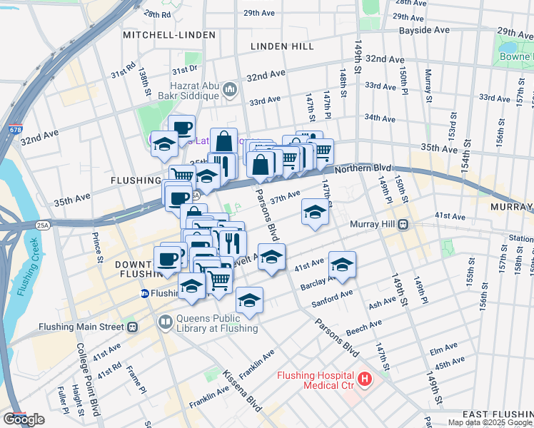 map of restaurants, bars, coffee shops, grocery stores, and more near 144-02 38th Avenue in Queens