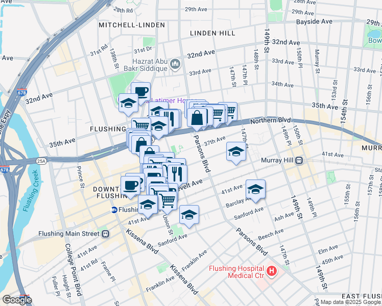 map of restaurants, bars, coffee shops, grocery stores, and more near 143-25 38th Avenue in Queens