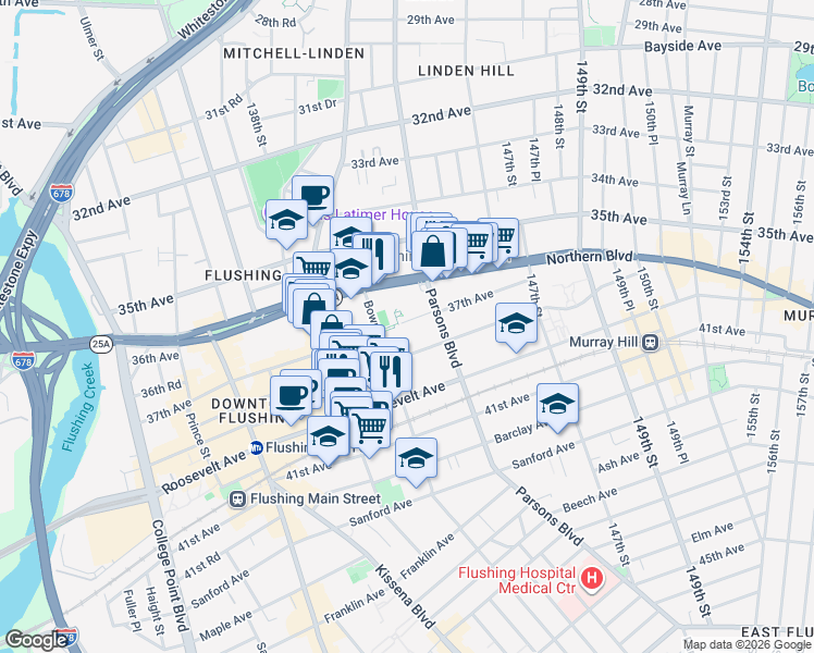map of restaurants, bars, coffee shops, grocery stores, and more near 143-25 38th Avenue in Queens