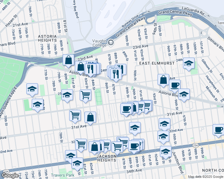 map of restaurants, bars, coffee shops, grocery stores, and more near 25-35 86th Street in Queens