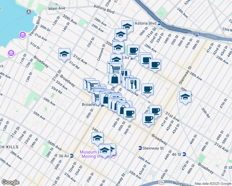 map of restaurants, bars, coffee shops, grocery stores, and more near 31-40 33rd Street in Queens