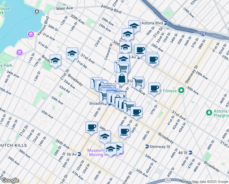 map of restaurants, bars, coffee shops, grocery stores, and more near 31-57 31st Street in Queens