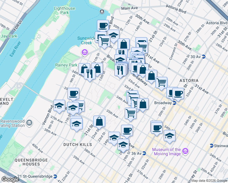 map of restaurants, bars, coffee shops, grocery stores, and more near 34-03 21st Street in Queens