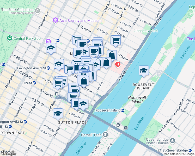 map of restaurants, bars, coffee shops, grocery stores, and more near 430 East 65th Street in New York