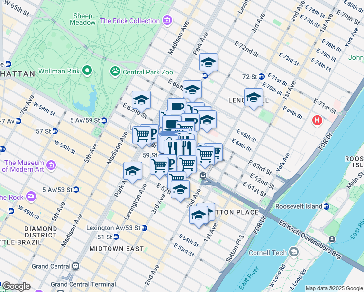 map of restaurants, bars, coffee shops, grocery stores, and more near 1000 3rd Avenue in New York