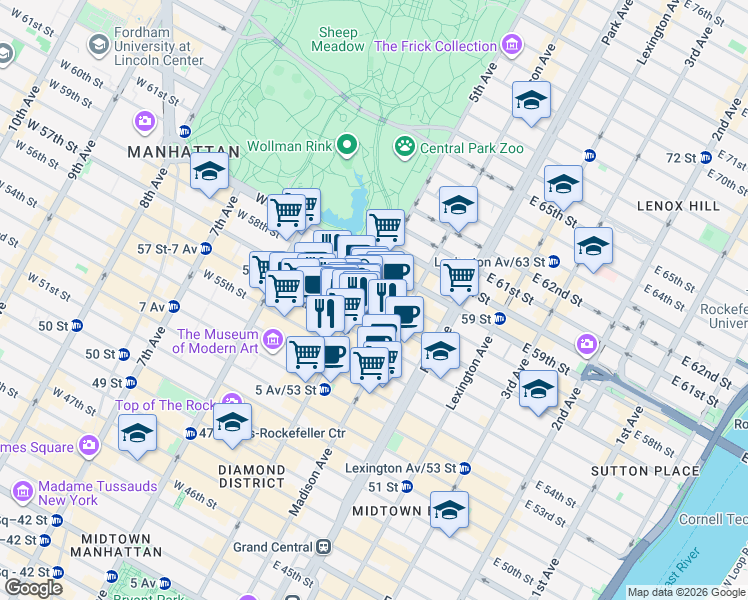 map of restaurants, bars, coffee shops, grocery stores, and more near 65 East 55th Street in New York