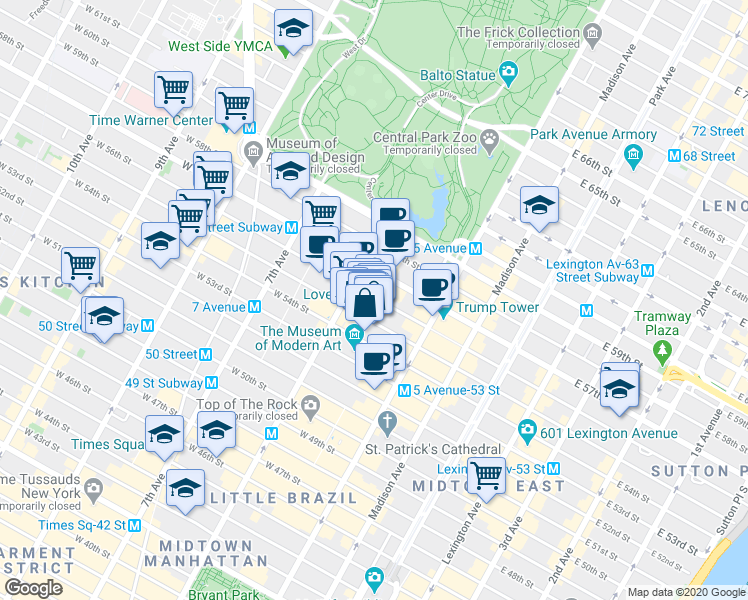 map of restaurants, bars, coffee shops, grocery stores, and more near 48 West 55th Street in New York